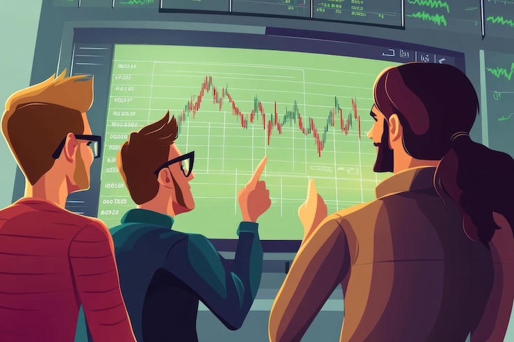 PSD three colleagues analyze a stock market graph on a large monitor
