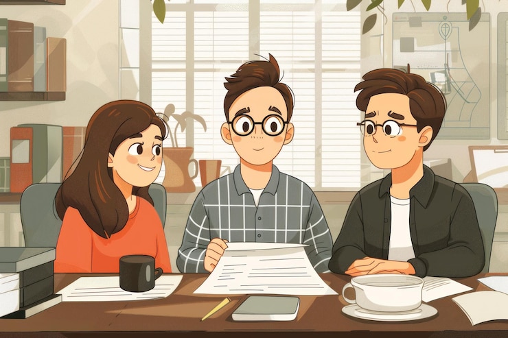 PSD 세 명의 동료들이 책상에 앉아서 웃으며 문서를 논의하고 있습니다.