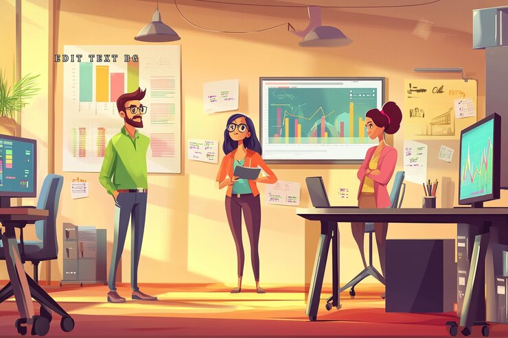 PSD three colleagues discuss project data in a sunlit modern office