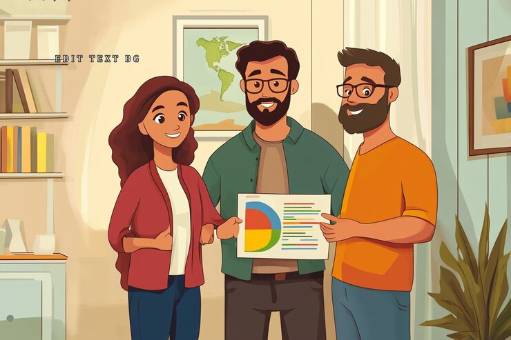 PSD three colleagues smiling reviewing a pie chart in a home office
