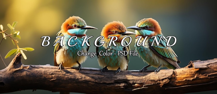 PSD three colorful birds perched on a branch in soft natural light showcasing stunning plumage with vibrant blues oranges and greens in a serene outdoor environment