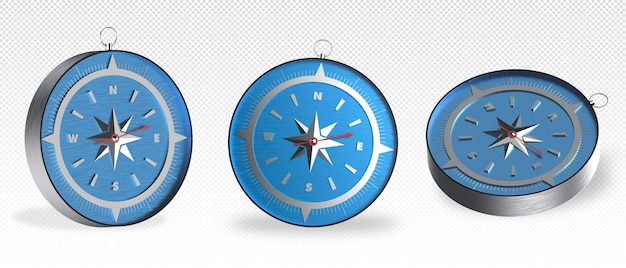 Three compass in different position on transparent background