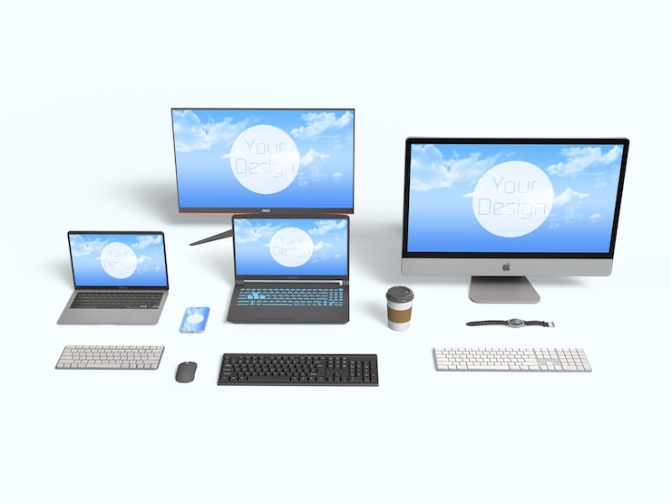 PSD three computers with the words the word on the screen
