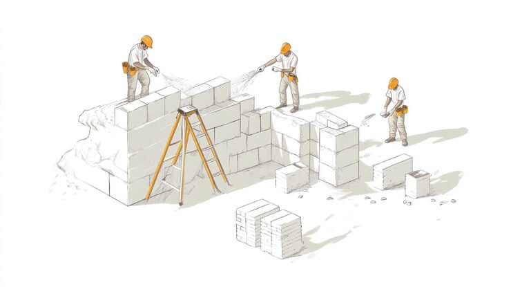 PSD three construction workers building a wall with blocks and mortar