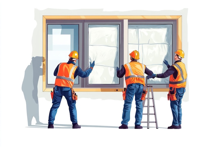PSD three construction workers installing a new window