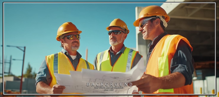 PSD three construction workers reviewing blueprints on a construction site