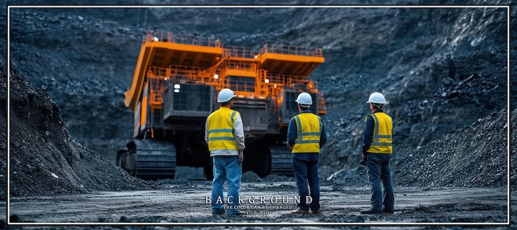 PSD three construction workers stand in front of a large mining dump truck