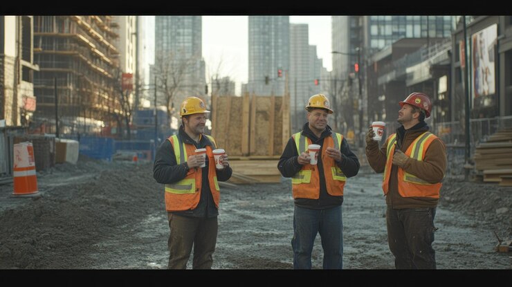 PSD three construction workers take a coffee break on a city street