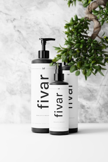 PSD three cosmetic bottle mockup set featuring two spray bottles and a pump bottle