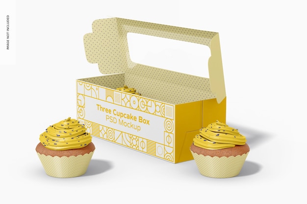 Tre cupcake box mockup, vista da destra