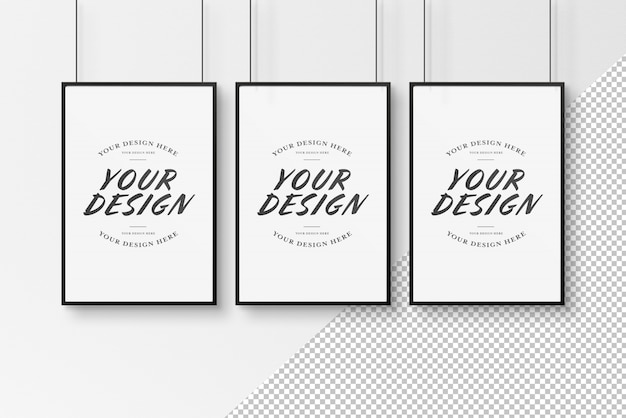 PSD three cut out black frames hanging mockup