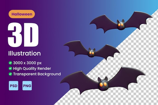 Three cute bats halloween 3d icon illustration