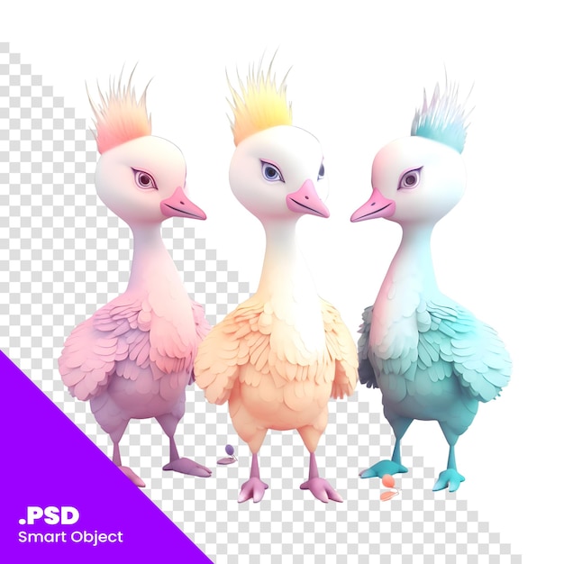 PSD Три милые утки в пастельных тонах на сером фоне. 3d-рендеринг psd шаблона
