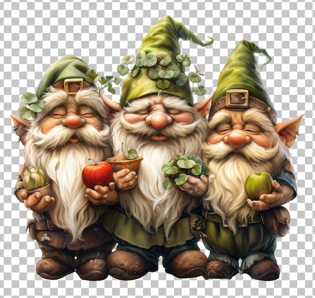 Three cute gnomes holding vegetables isolated on transparent background