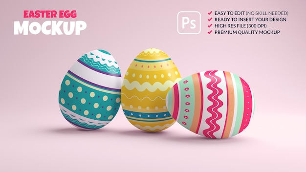 PSD tre uova di pasqua decorate mockup su uno sfondo rosa nel rendering 3d