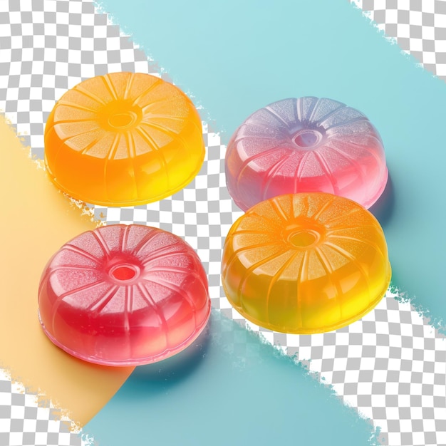 PSD three different angles of round sour jelly candy with sugar coating isolated on a transparent background