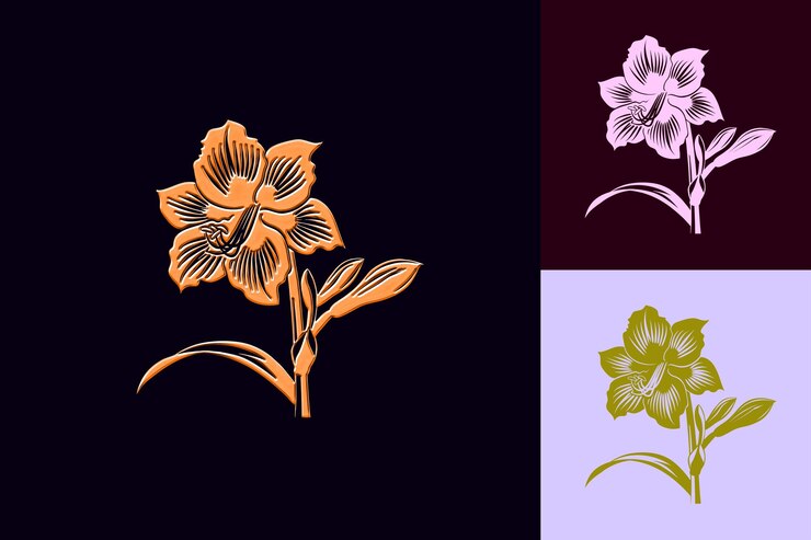 PSD 3つの異なる花が異なる色で示され,1つの紫の背景があります