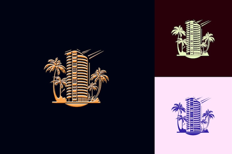 PSD three different images of palm trees and a building with a palm tree on the top