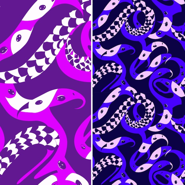 Three different images of snake in purple and purple with purple and black and white patterns