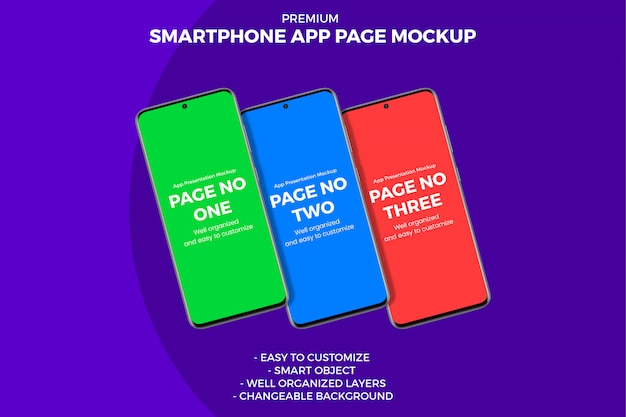 three different punch hole display smartphone app page mockup