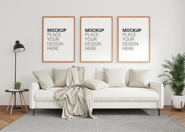 PSD three empty photo frame for mockup in living room 3d renderingx9