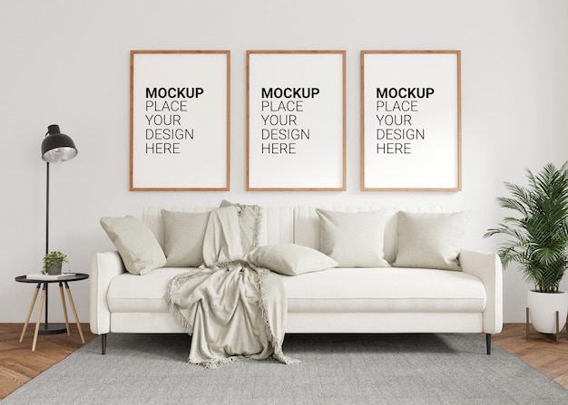 Three empty photo frame for mockup in living room 3D renderingx9