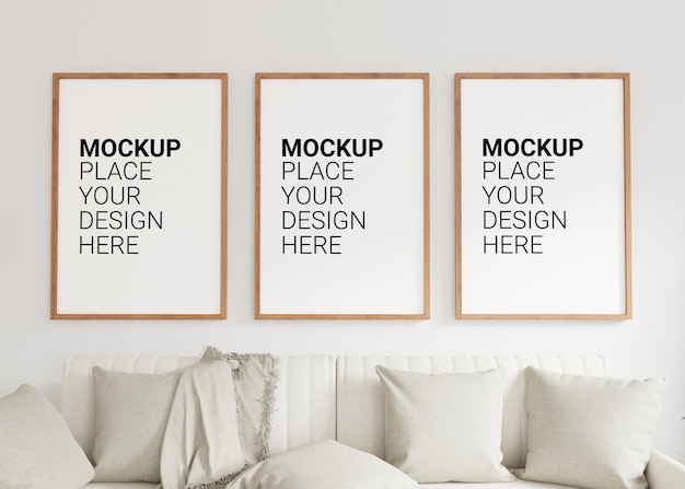 Three empty photo frame for mockup in living room 3D renderingx9