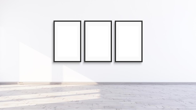 Three empty vertical gallery wall frame mock up in white interior room design with wooden oak floor