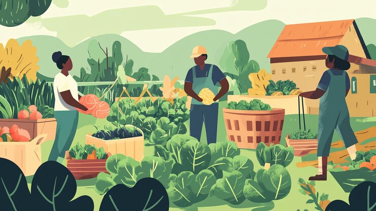 PSD three farmers harvesting vegetables in a garden