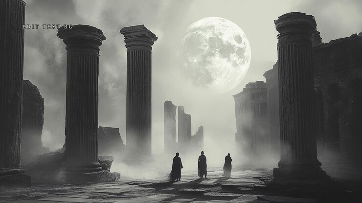 PSD three figures in hooded robes walk through ancient ruins under a large moon