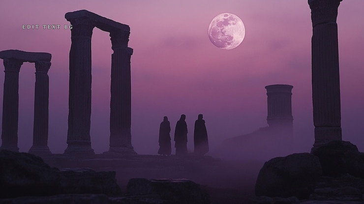 PSD three figures in robes walk past ancient ruins at dusk under a large moon
