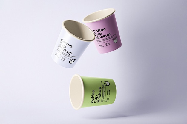 PSD three floating coffee paper cups mockup