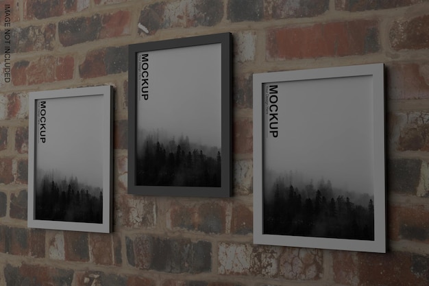 three framed pictures on a brick wall with a picture of a forest and the words mockup