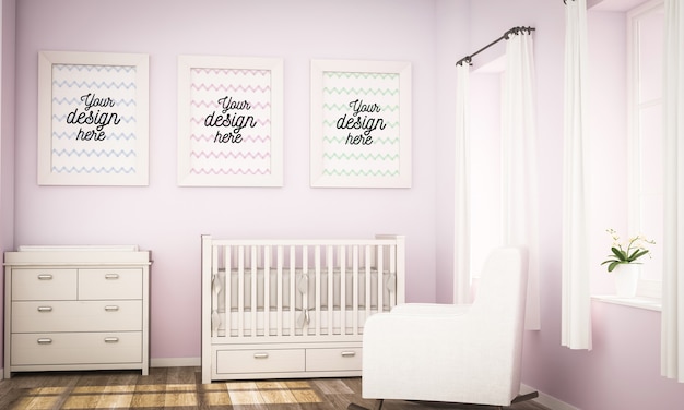 Three frames on baby girl room mock up