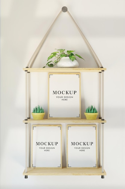 Mockup a tre cornici in rack da parete