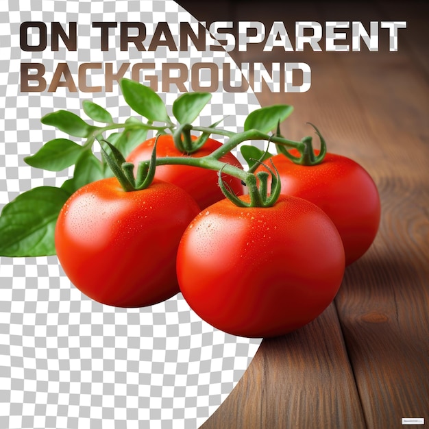 PSD Три свежих помидора с зелеными листьями, выделенными на прозрачном фоне