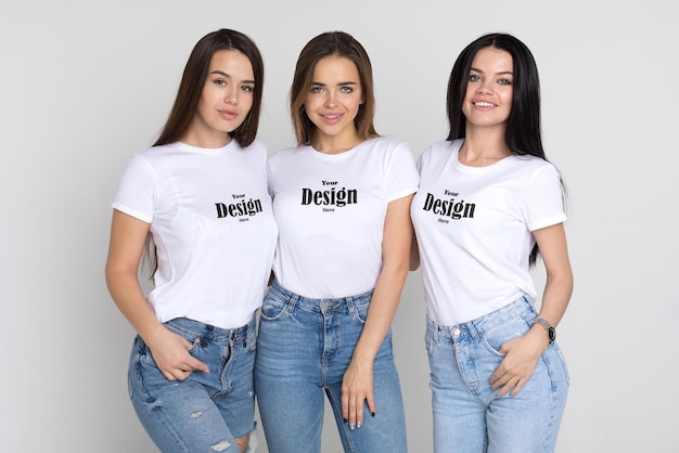 Three girl's tshirt color change with model mockup