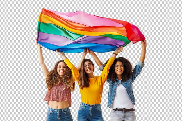 Three girls with lgbt flag on pride