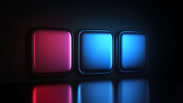 PSD three glowing neon squares pink white blue on dark reflective surface