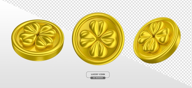PSD three golden lucky coins with shamrock design perfect for gambling in 3d render
