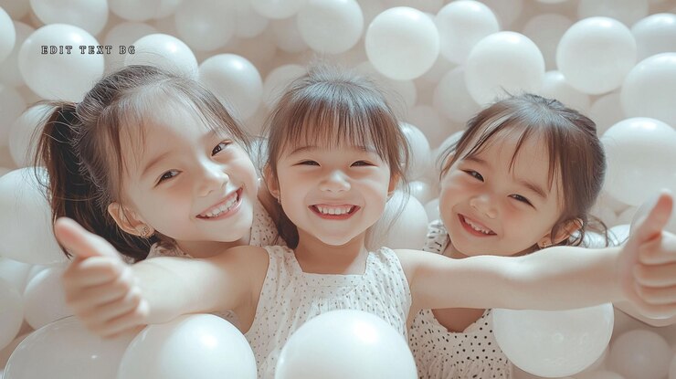 PSD 三个快乐的女孩在球坑里微笑着举起拇指