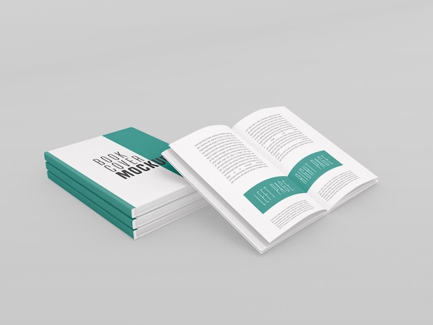 Tre copertina rigida con libro aperto mockup