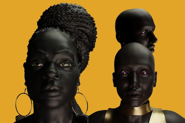 three heads of three women with black hair and a yellow background