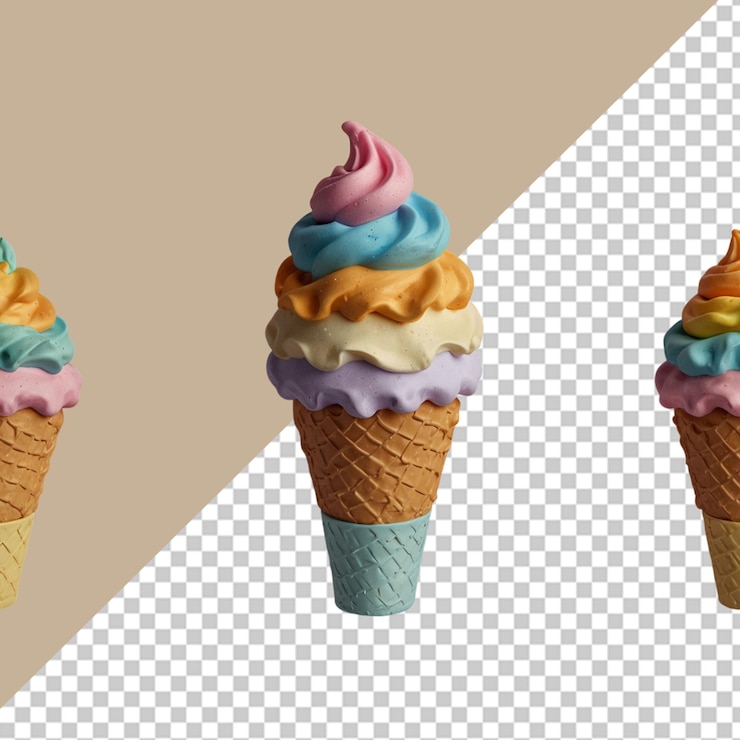 PSD three ice cream cones with different colors of blue pink and yellow