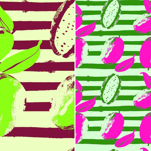 PSD three images of fruit on a striped background