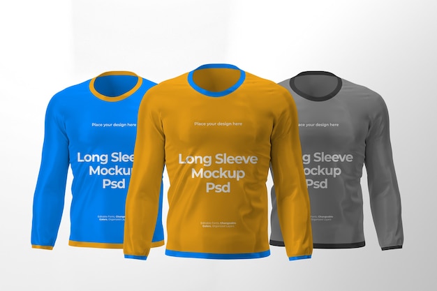 PSD three isolated long sleeve t-shirts mockup design