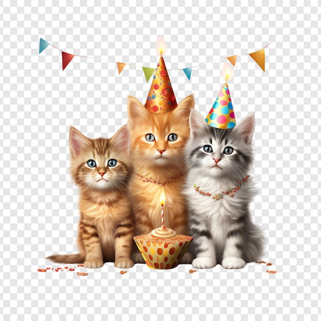 PSD three kittens with party hats on them with a cake in the background
