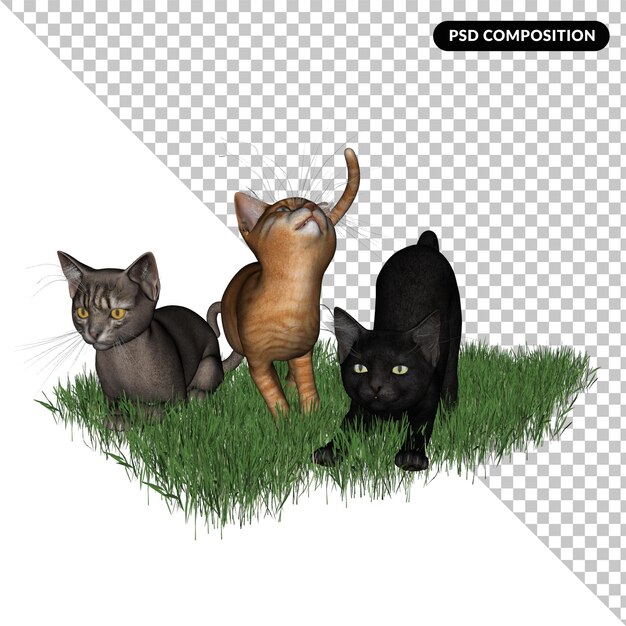 Three kitty cats isolated 3d rendering