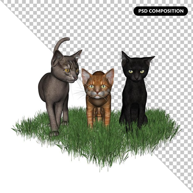 Three kitty cats isolated 3d rendering