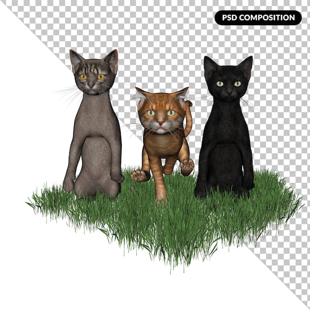 Three kitty cats isolated 3d rendering